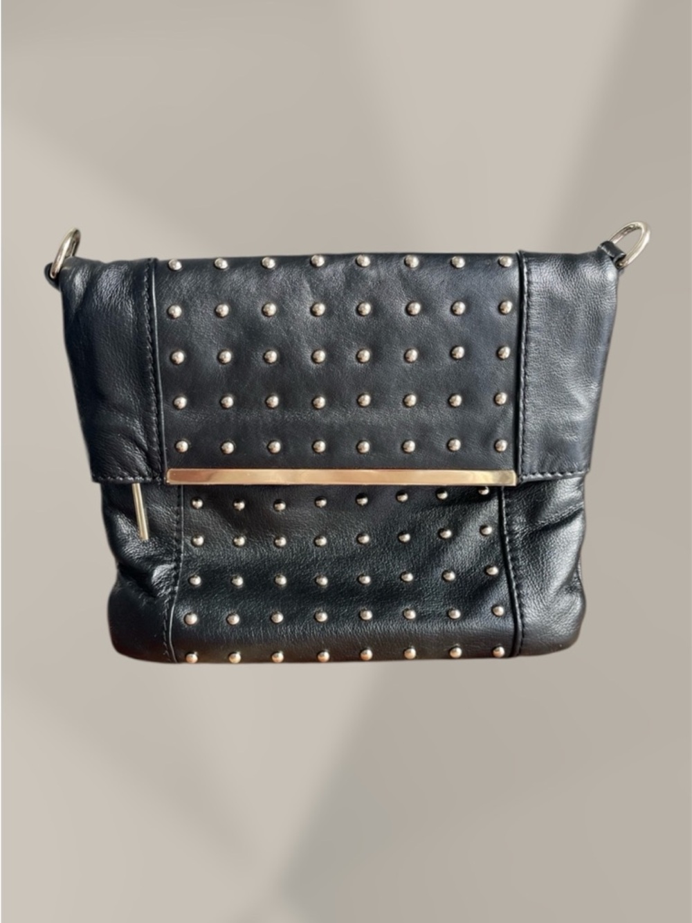 Danier | Black Studded Leather HandBag, Silver Strip Detail, Magnet Closure - Picture 13 of 14